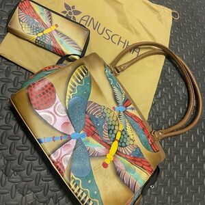 🎨Anuschka Hand-Painted Genuine Leather Bag Set-Dragonfly&Seaside Designs+Wallet